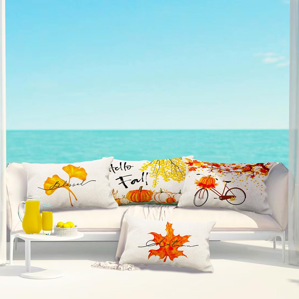 YUJUN Herbst-Kissenbezüge Set – 4 Stück, 50,8 X 50,8 Cm, Büffelkariert Mit Kürbis & Ahornblättern, 100% Polyester