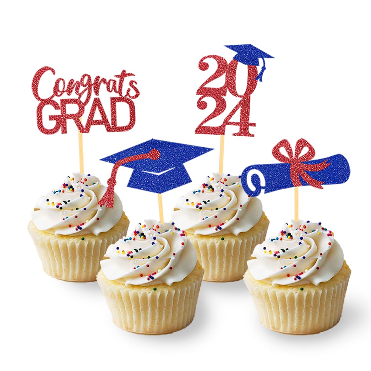 24Pcs Graduation Cupcake Toppers, Graduation Decorations Class of 2024 Cupcake Toppers- Graduation Cupcake Picks for Graduation Themed Decorations (Blue Red)