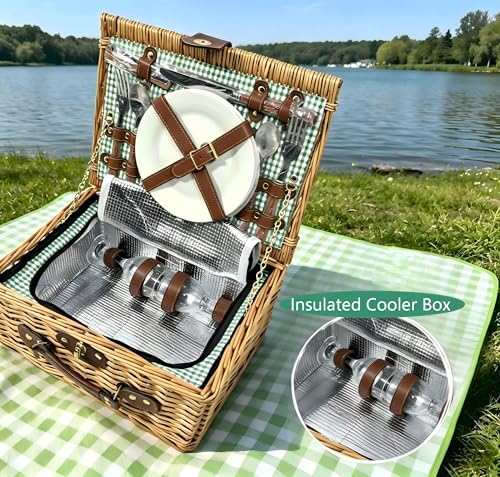 WildVenture Multifunctional Picnic Basket Set for 2, Picnic Set with Waterproof Blanket, Wicker Picnic Basket with Plates Goblets, Cutlery Spoon&Bottle Opener, for Patio Park Lawn Beach, Green by WildVenture - Image 3
