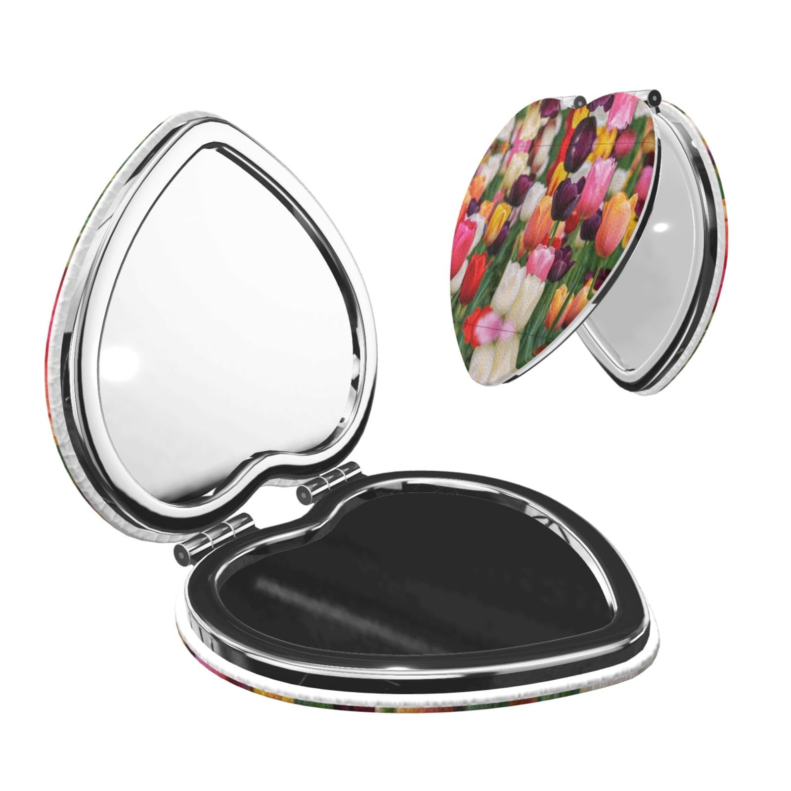 Ezdlowvba Girls Heart Shape Tulips Print Compact Vanity Mirror Women Beauty, Stylish Travel Folding Makeup Mirrors For Wallet Pocket Handbag,Portable Double-Sided Magnifying Cosmetic Mirror