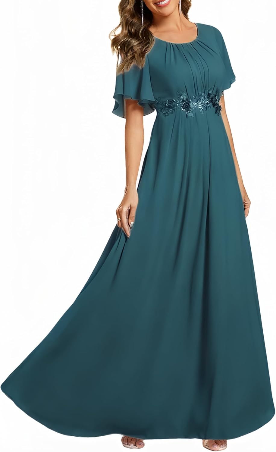 Ever-Pretty Women's Classic Round Neck Pleated Short Sleeves Chiffon Appliques Floor Length A Line Formal Evening Dresses
