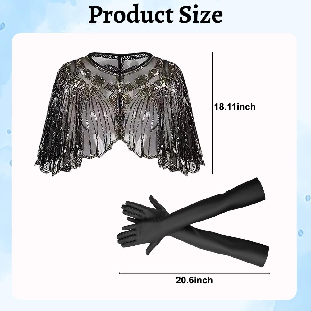 2 Pièces Châle Années 1920 avec Paillettes et Perles, Cape Soirée Vintage, Gants Longs Satin Femme, Accessoires Party pour Robe de Mariage, Soirée à Thème, Bal