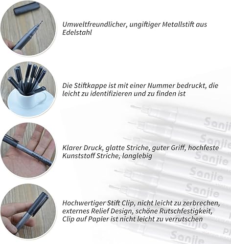 Miniatura 6 de SAYEEC Juego de 10 bolígrafos negros con punta fina, punta fina, bolígrafos de tinta de varios tamaños, punta de pigmento, bolígrafos de dibujo para