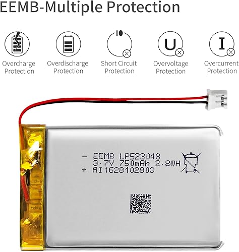 Miniatura 5 de EEMB Batería de polímero de litio 3.7V 750mAh 523048 Lipo Batería recargable con conector JST de cable para altavoz y dispositivo inalámbrico