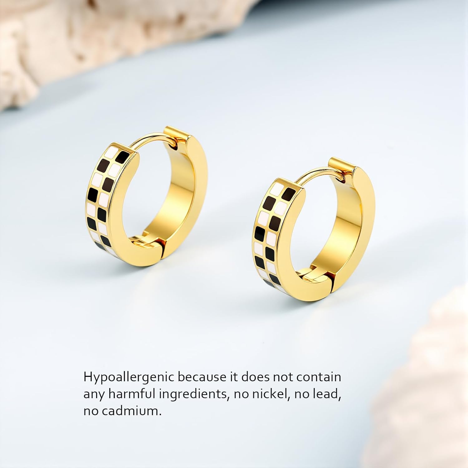 Checkered Small Hoop Earrings for Women, Hypoallergenic Gold Plated Silver Huggie Hoops for Men Surgical Stainless Steel Black and White Chequer Statement Earring - Image 5
