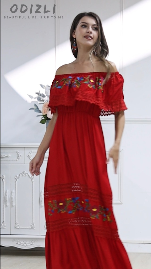 red mexican embroidered dress Camila Red Floral Dress main image 1
