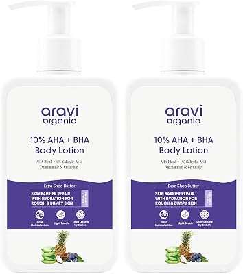 Organic 10% AHA + 1% BHA Exfoliating Body Lotion With Ceramide, Niacinamide & Shea Butter | Treats Strawberry Legs & Bumpy Skin | Brightening & Smoothing - Pack of 2 (200 ml Each)