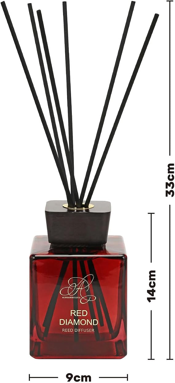 Luxury Reed Diffuser 500ml, Red Diamond Room Diffusers, Long Lasting Air Fresheners Home Fragrance, Square Glass Bottle with Black Diffuser Reeds for Home, Office, Kitchen & Bathroom