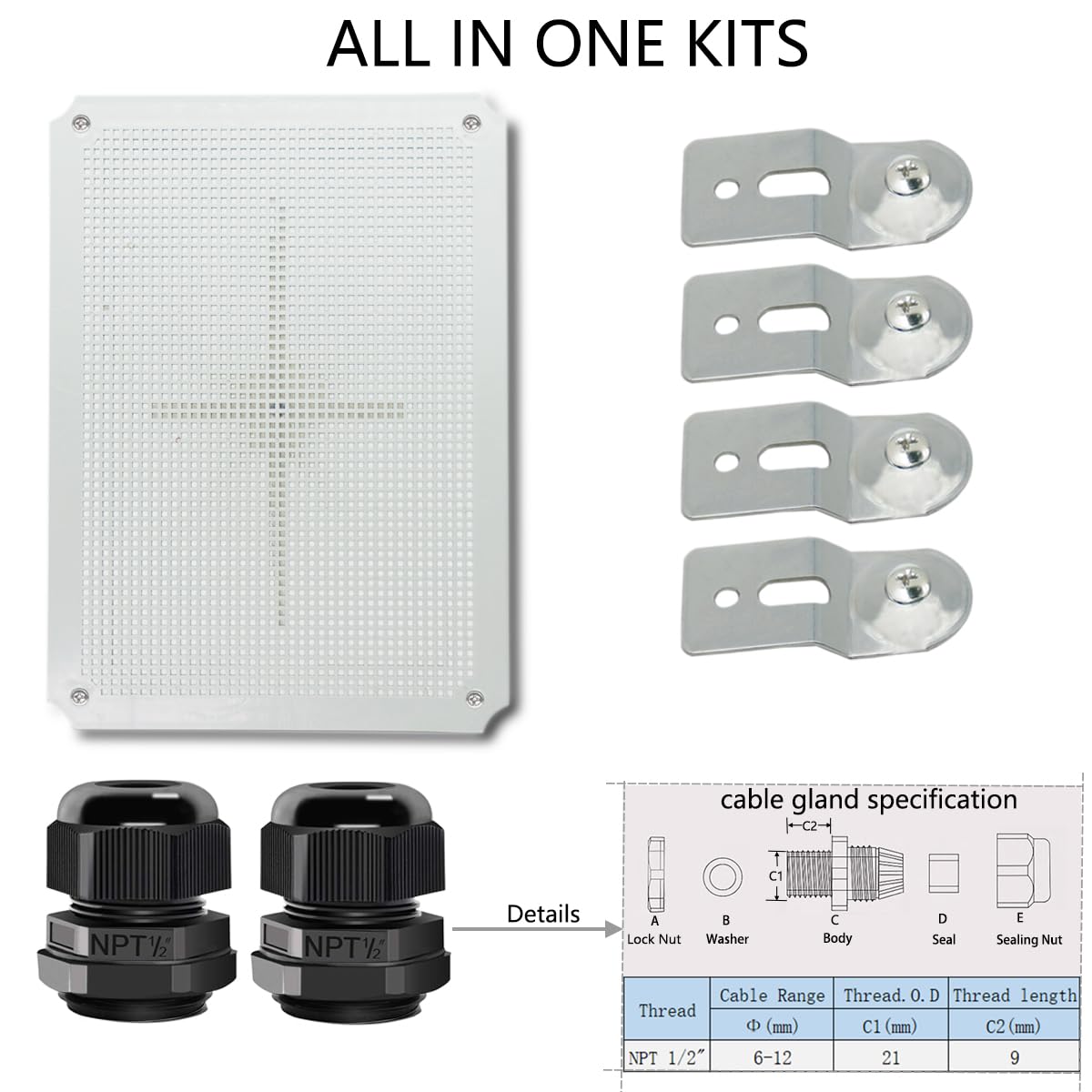Junction Box, Hinged Cover Stainless Steel Latch IP67 Waterproof ABS Project Box with 2 Cable Glands, Electrical Box Enclosure with Mounting Plate & Wall Bracket 15.7 x 11.8 x 7.1inch