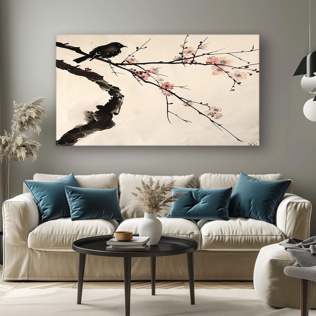 MKBKLI Abstract Canvas Wall Art for Living Room Branch Bird Plum Blossom Paintings for Bedroom, Office, Kitchen - Home Decor Pictures, 60x120cm