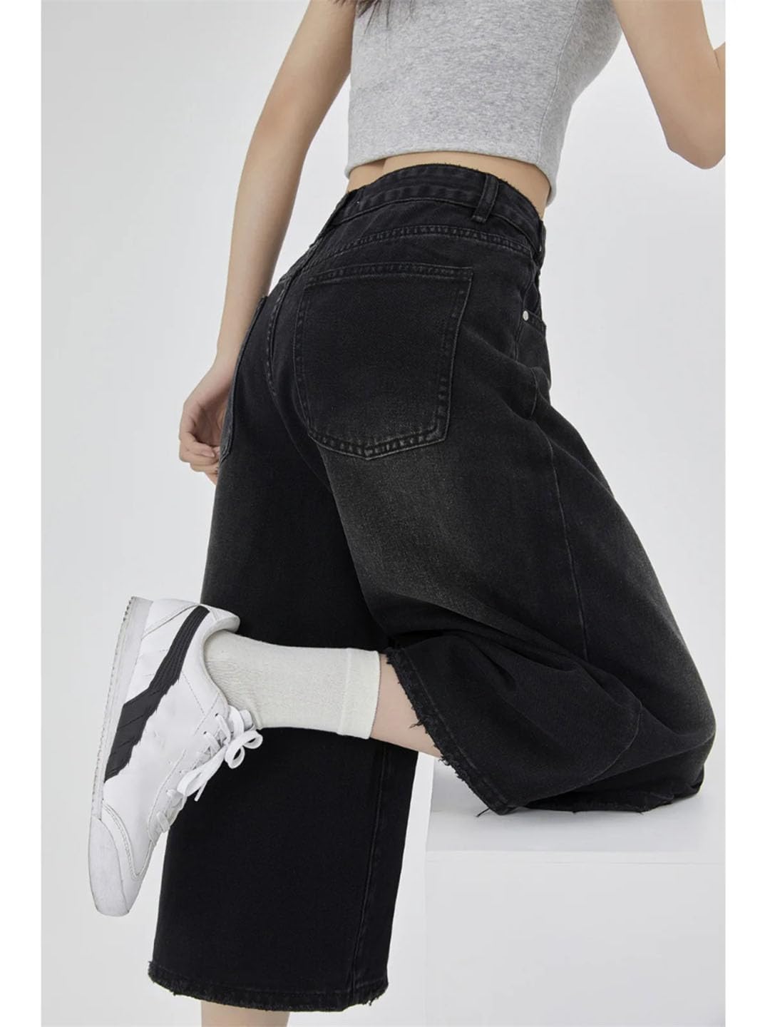 Damskie luźne spodenki dżinsowe do streetwear retro sprane spodnie capri z szerokimi nogawkami luźne dżinsy do kolan