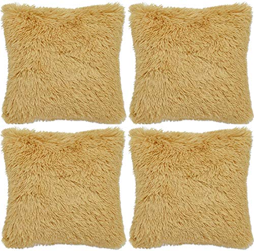 Adore 4 x Long Pile Soft & Cuddly Shaggy 17x17 (43x43cm) Faux Fur Cushion Cover, Ochre