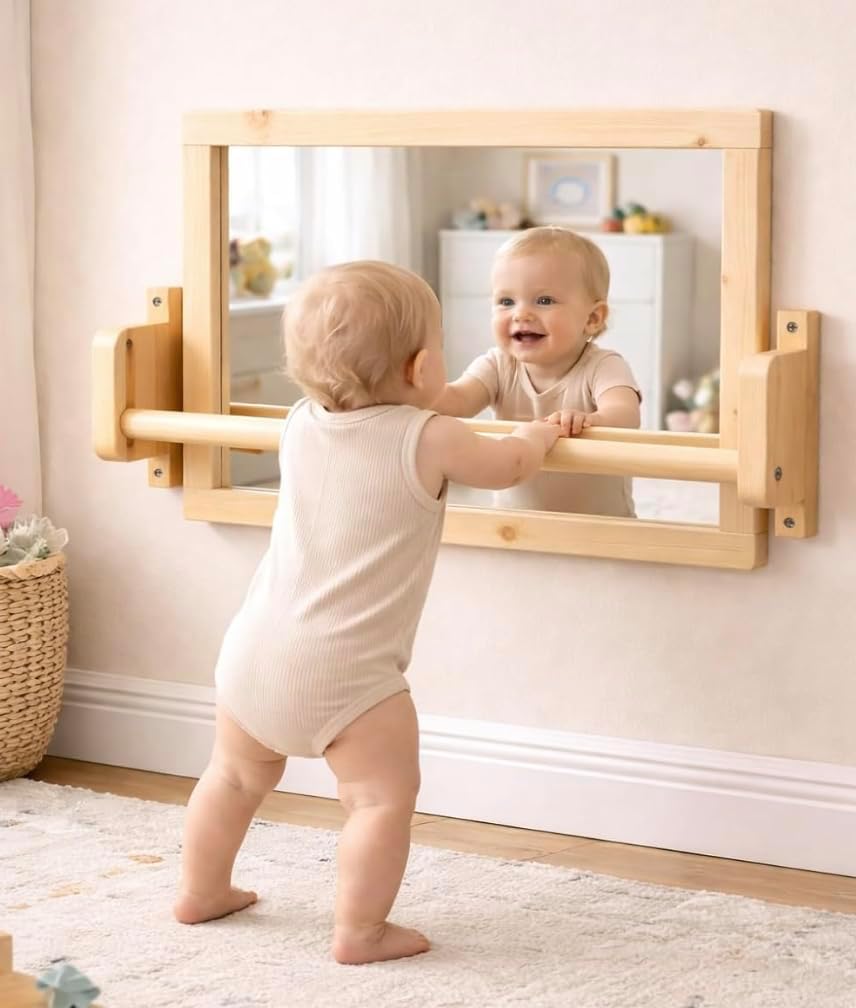 Emir&Odin Montessori Mirror with Bar - Beech Wood 3 Adjustable Baby Pull Up Bar, Kids Mirror for Wall and Bedroom, Wall Mounted, Vertical or Horizontal Use