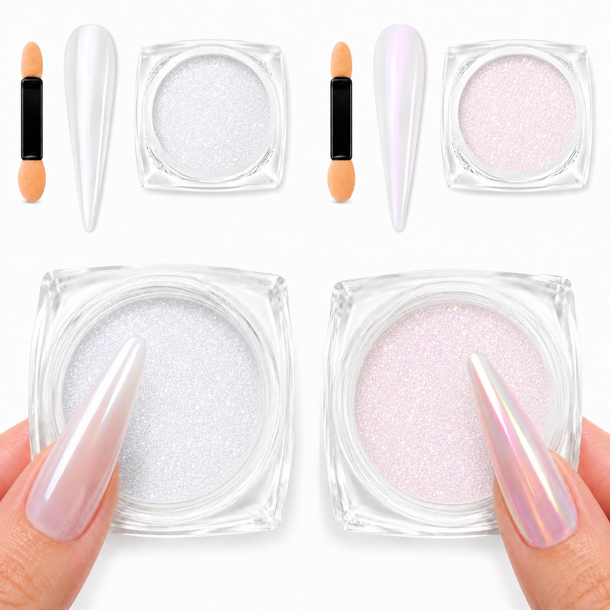 Chrome Nail Powder,Pink Aurora and Pearl White Chrome Powder for Nails, Iridescent Mermaid Shimmer Pigment for Gel Polish, Pearlescent Mirror Nail Art， 2 Pcs1.2g