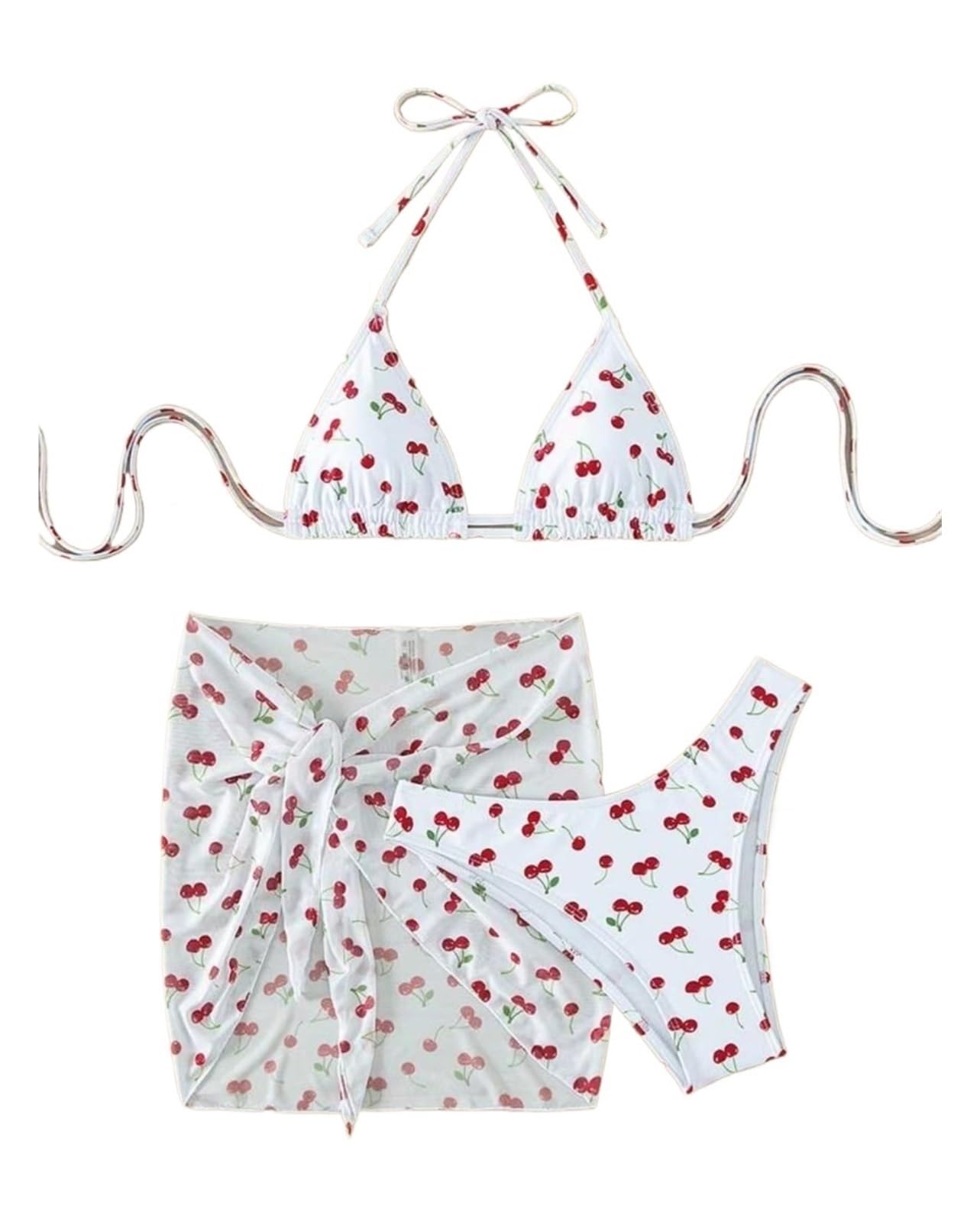 YJKJHAIG Women Chic Cherry Print Bikini Sets Three Pieces With Mesh Skirt Swimsuit Swimwear Bathing Suit Beach Outfits(Color:Style2,Size:S)