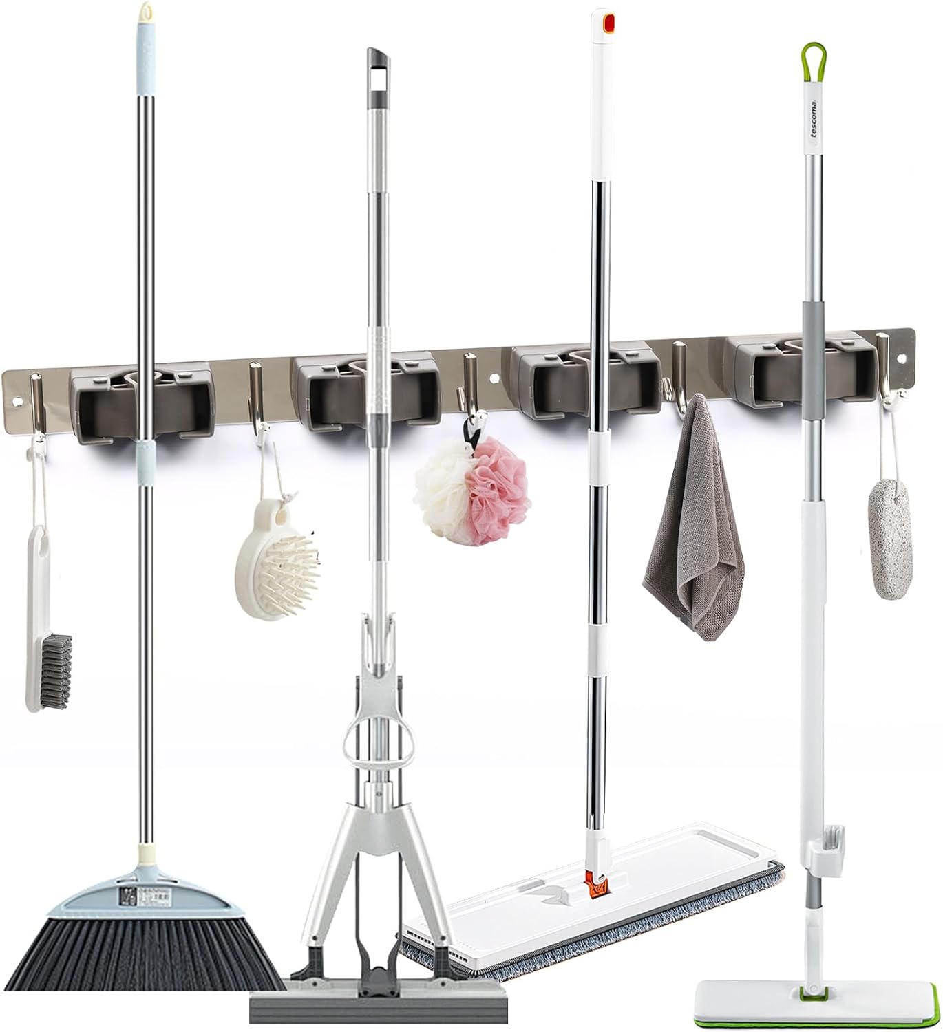 Wall Mount Durable Broom Hanger Storage Self-Adhesive Broom Organizer Stainless Steel Heavy Duty Garage Tool Racks for Home Kitchen Garden Laundry, 4 Positions 5 Hooks 50 inch