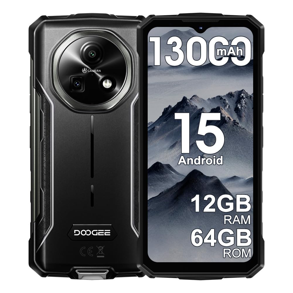 DOOGEE Fire 5 Rugged Smartphone, Batteria 13000mAh 10W 4G Android 15 Telefono Indistruttibile,6.6''HD+90Hz, 13MP+8MP AI Fotocamere Cellulare Antiurto, 12GB+64GB/2TB, IP68/NFC/OTG/3 slot (Nero)