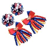 4個 カーリーリボン ヘアクリップ - 7月4日 ヘアクリップ グログラン リボン ボールフラワー 幼児 キッズ チア リボン 滑り止め ワニ毛 バレッタ アクセサリー