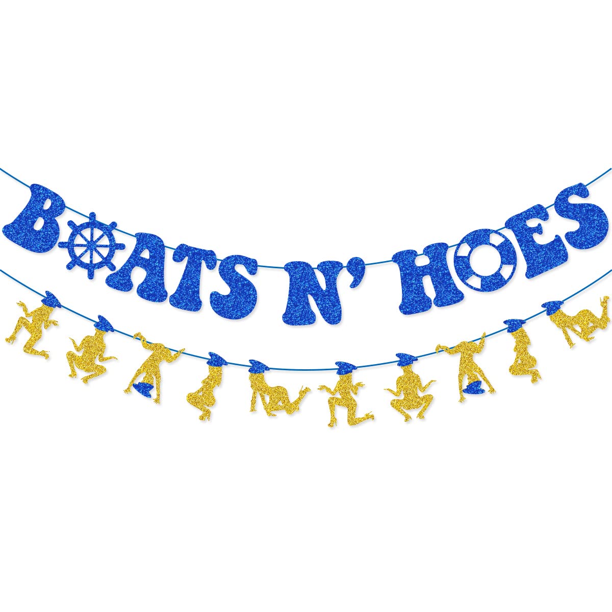 Blue Glitter Boats N Hoes Banner Garland for Anchor Cruise Decorations Nauti Bach Nautical Bachelorette Party Decorations