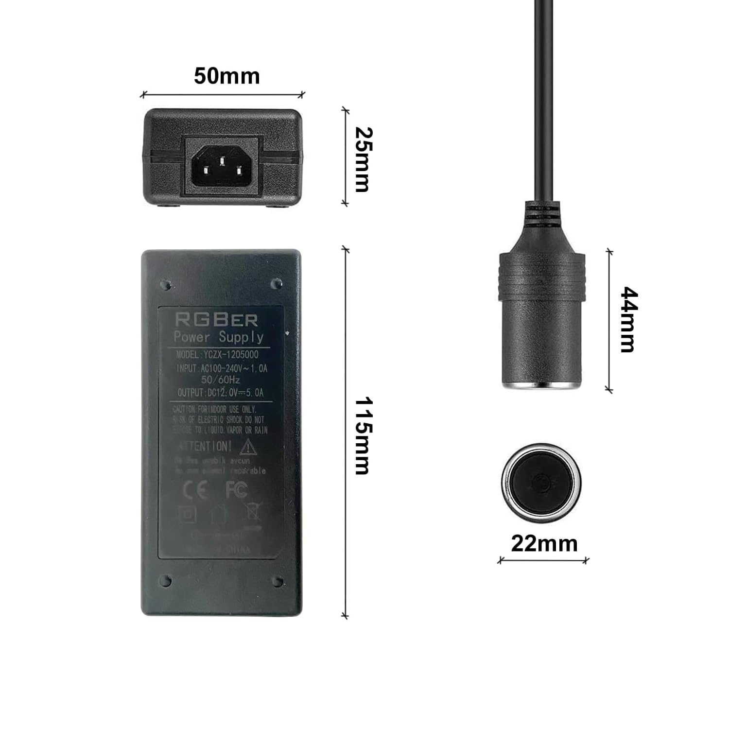 RGBer® Adaptateur Prise Allume-Cigare Secteur, 5A 60W, 220V à 12V Adaptateur Convertisseur Transformateur pour Glaciere Electrique, Glaciere a Compression