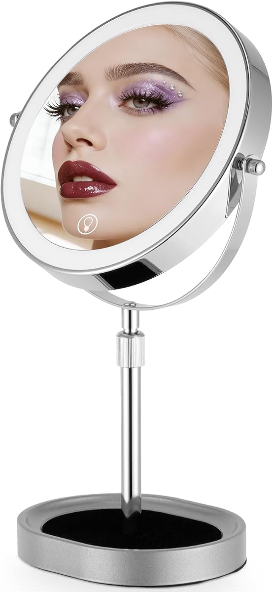 Espejo de maquillaje recargable de altura ajustable con 3 luces de colores, pantalla táctil y ajustes regulables, espejo de tocador de rotación de 360° de 8 pulgadas de doble cara 1X/10X con bandeja de joyería, espejo cosmético con iluminación
