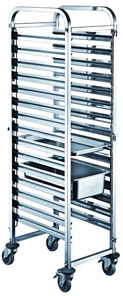 GastroHero Regalwagen ECO 15 GN 1/1 Edelstahl Transportwagen Tablettwagen 15 Etagen GN Wagen mit 4 Lenkrollen 2 Bremsen Doppelschienen Gastro Küchenwagen