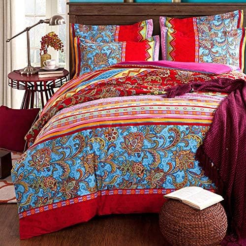 CoutureBridal Bohemian Duvet Cover (120GSM) Queen Size Red Blue Indian Mandala Floral Printed Bedding Set Boho Chic Striped Comforter Cover with Zipper Closure and Ties