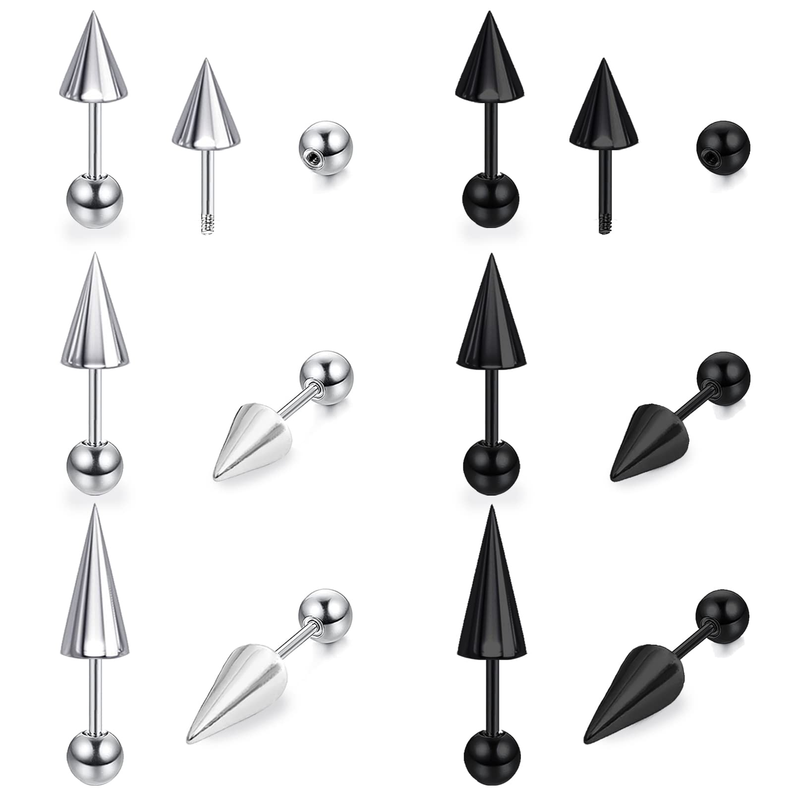 BodyAce18G Spike Cartilage Earrings, Stainless Steel Spike Stud Earrings  for Men Women, Daith Helix Tragus Earrings Black Ear Piercing Jewelry