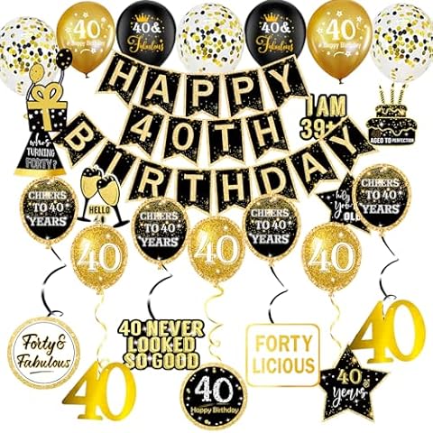 Zohokie Black and Gold 40th Birthday Decorations Party Supplies, Happy 40th Birthday Décor for Women or Men, Happy 40th Birthday Banner Hanging Swirls Balloons for Forty Years Old Birthday Cover