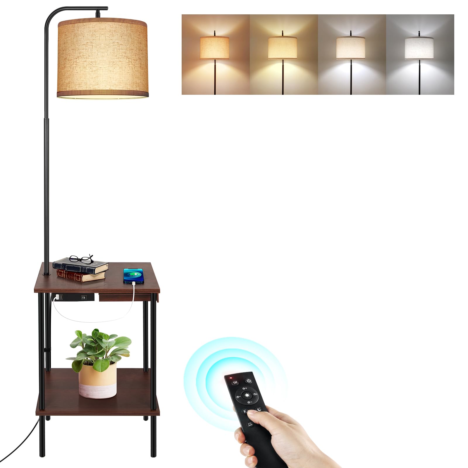 OUTON Dimmable Floor Lamp with Table, 2 USB Ports & Drawer, Standing Lamp with Remote Control, Side End Table with Lamp Attached for Living Rooms, Nightstand & LED Reading Light for Bedroom