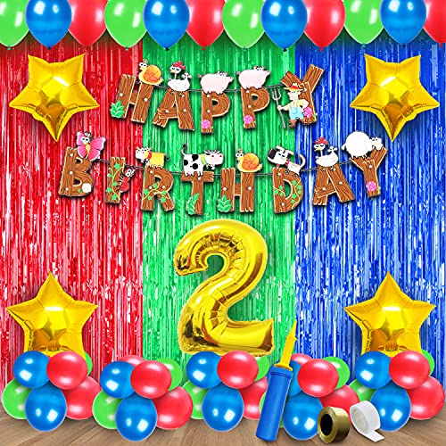 Image of Party Propz Paper, Rubber, Foil, Latex Farm House Theme Decoration Kit for Kids 2nd Birthday - 63pcs for Boys, Baby Decoration Items, Multicolor