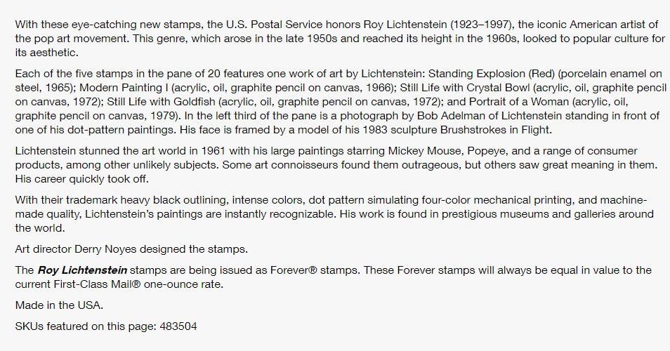 Roy Lichtenstein 2023 (Sheet of 20) First-Class Mail Forever Postage Stamps