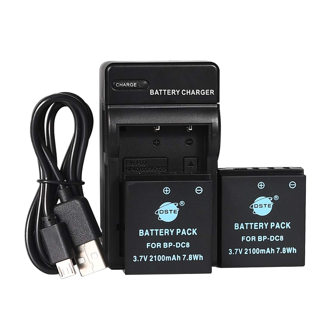 DSTE BP-DC8 Lot de 2 batteries Li-ion et chargeur micro USB compatible avec les appareils photo Leica BP-DC08 X-Vario Mini-M X-typ113 X1 X2