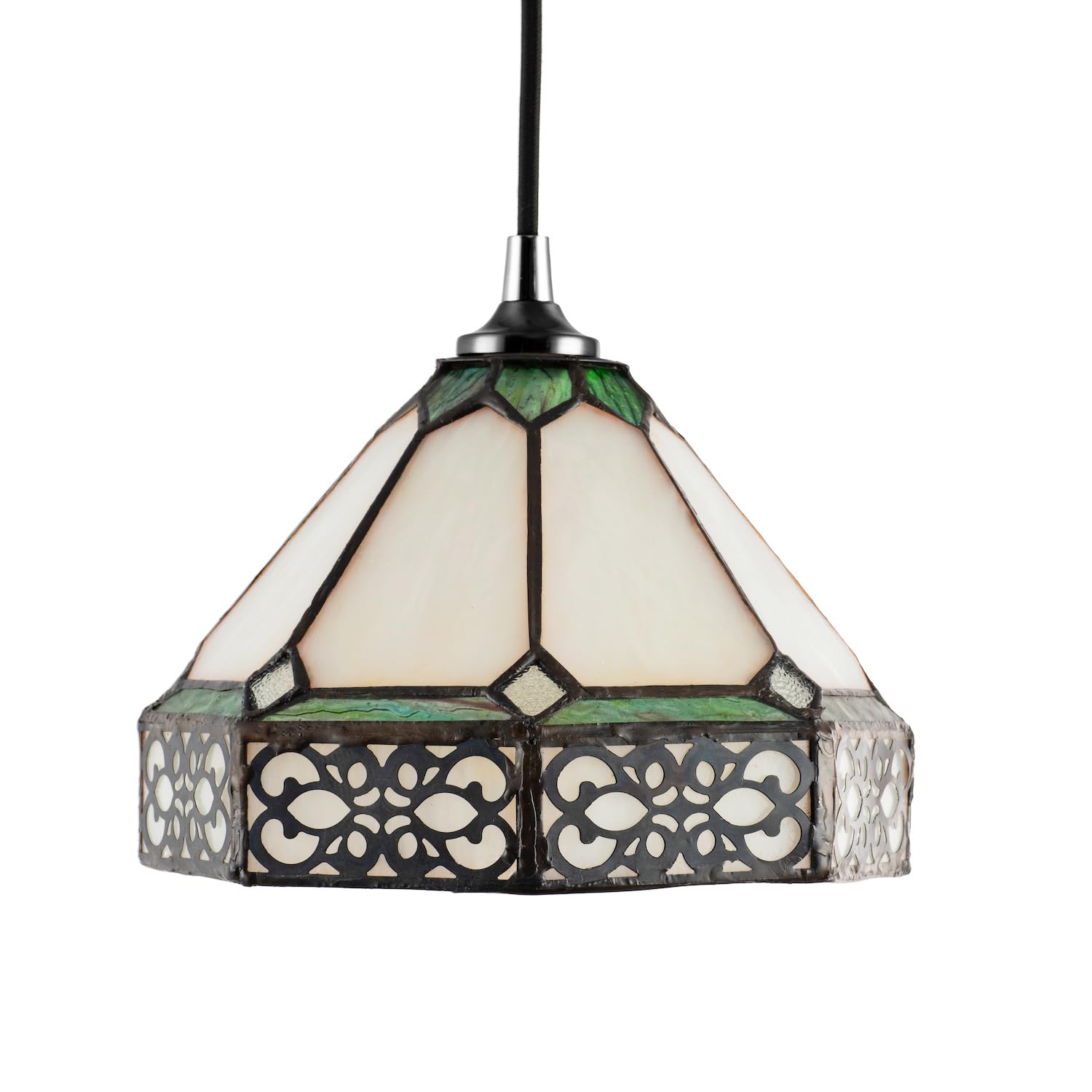 Happy Homewares Classic 1920s Shabby Pendant Light Shade - Amber Stained Glass - Easy Fit - Metal Floral Scrollwork - H14 x W20cm