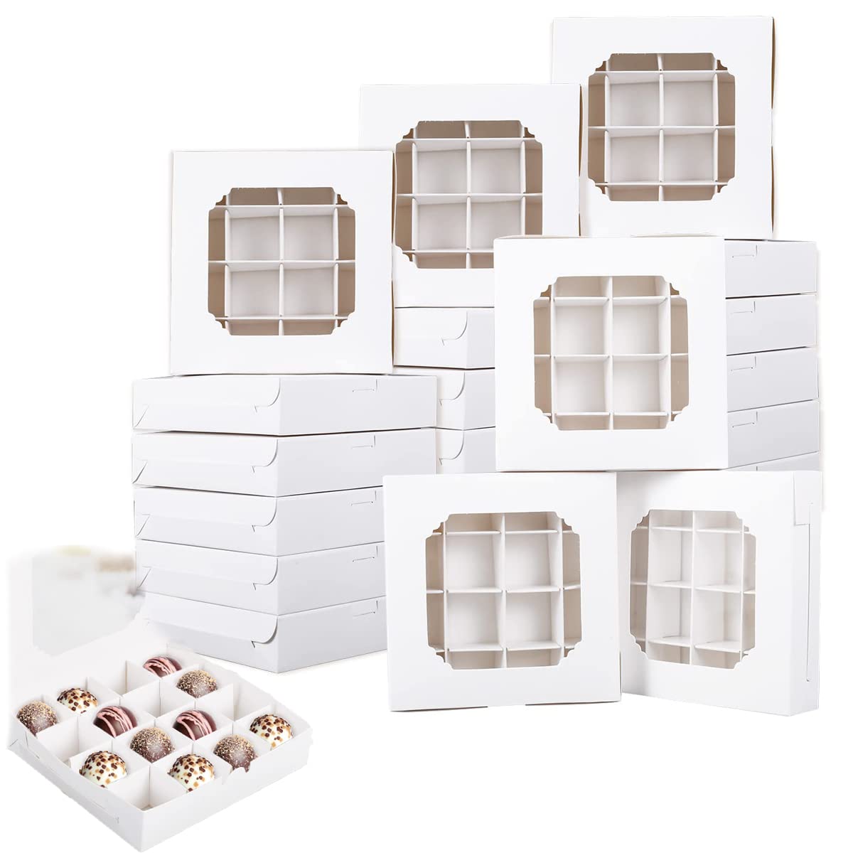 MAKINGTEC Cupcake Boxes, Windowed Empty Sweet Boxes with Insert Pick and Mix Cupcake Boxes for Sweets, Chocolates, Truffles, and Pastries (20PCS )