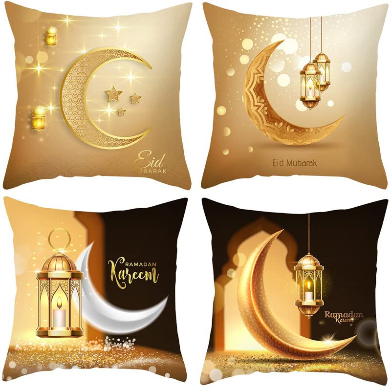 Ykybhx 4PCS Gold Ramadan Eid Light Throw Pillow Covers Light Moon Stars Square Pillow Cases Linen Zipper Cushion Cases for Couch Sofa Car Living Room