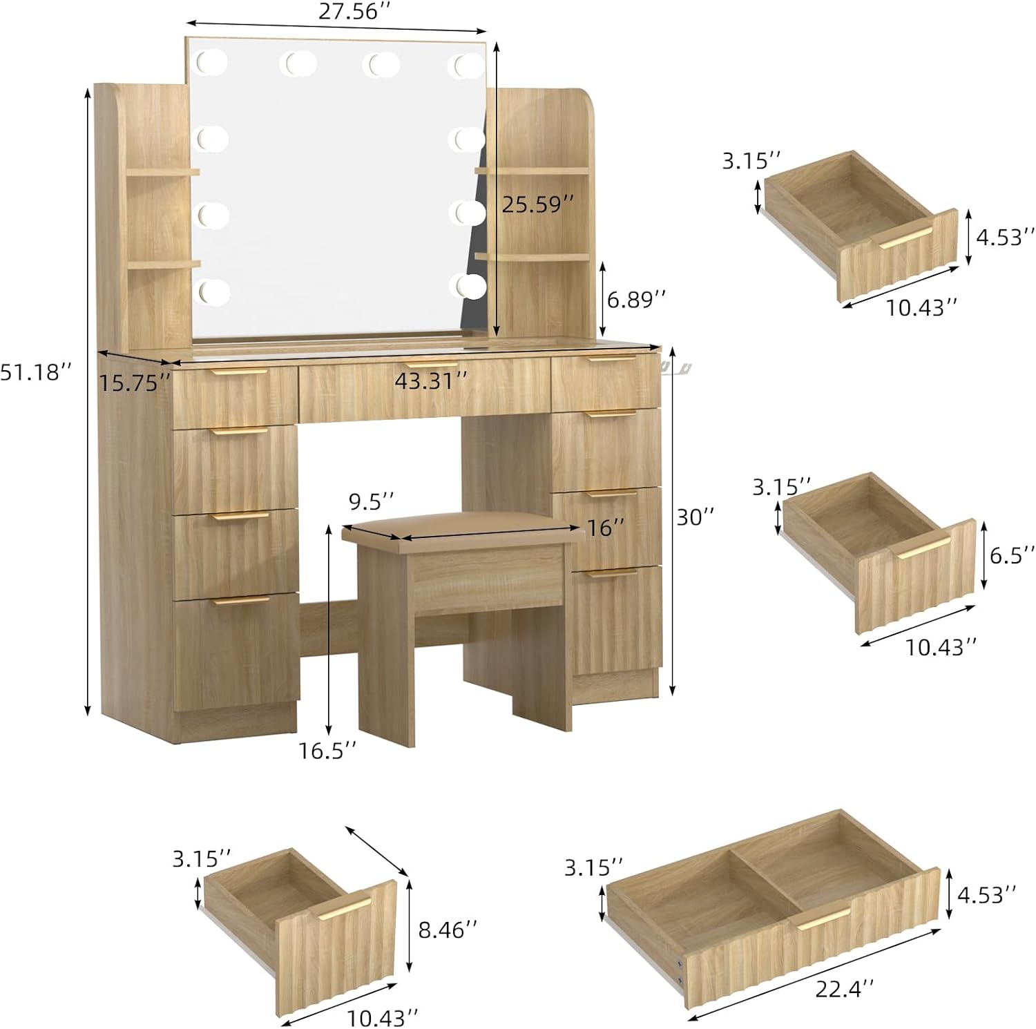 VOWNER Fluted Vanity with Mirror and Lights, 43" Glass Top Makeup Vanity Desk with 9 Drawers, 6 Storage Shelves and Outlet, 3 Color Lighting Modes Adjustable Brightness for Bedroom, Oak