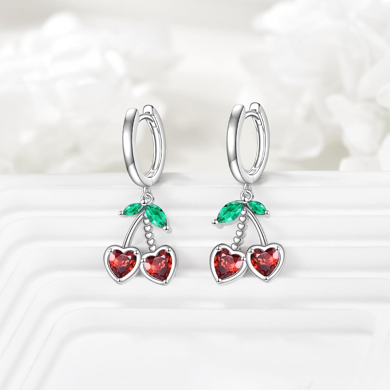 Cherry Hoop Earrings Sterling Silver Cherry Hoop Dangle Earrings Cute Fruit Jewelry Gift for Women - Image 4
