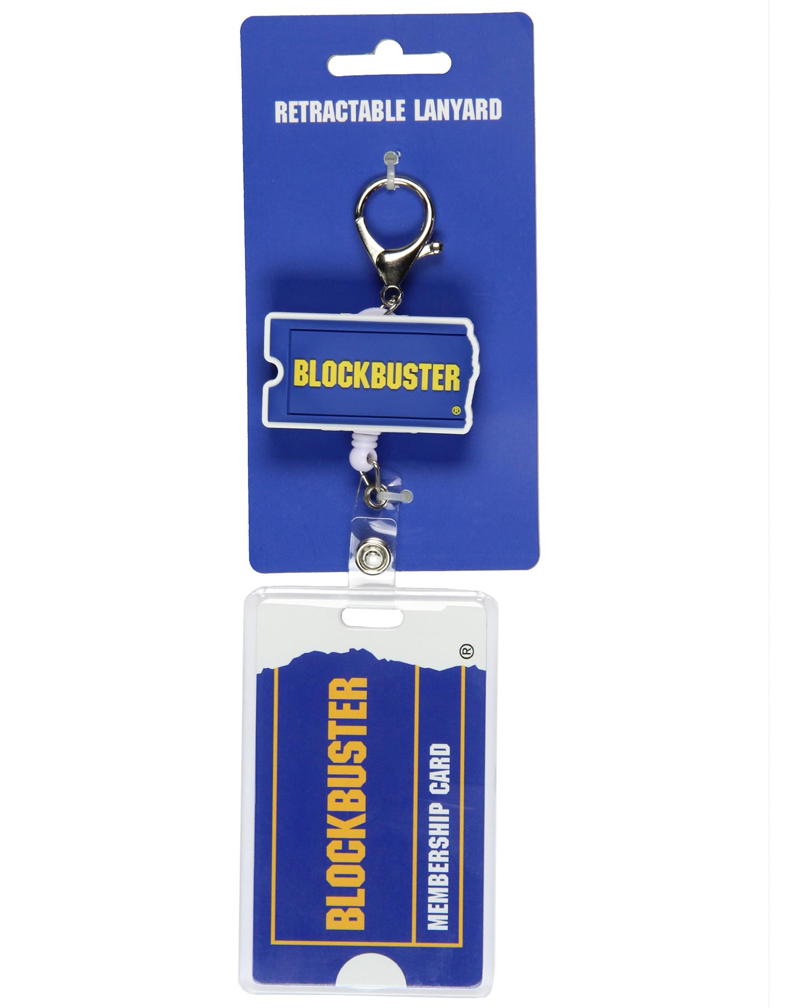 Blockbuster - Porta badge in gomma con cordino retrattile e chiusura a moschettone