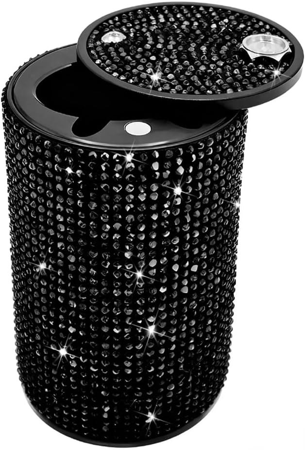 Bling Car Ashtray, Rhinestones Smokeless Smell Proof Vehicle Cup Holder Ash Tray with Lid, Sparkling Diamond Portable Automotive Interior Ashtray, Universal for SUV RV Truck (Black)