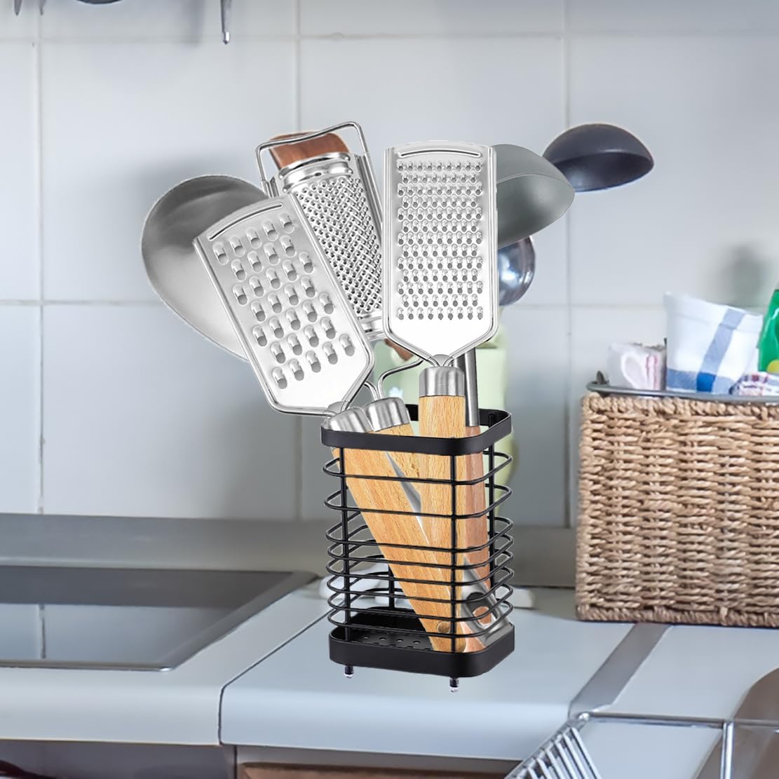 Utensil Holder Kitchen Countertop Organizer, Cutlery Drainer Sink Caddy Storage Drying Rack for Silverware Flatware and Cookware Stainless Steel(Black-L) - Image 2