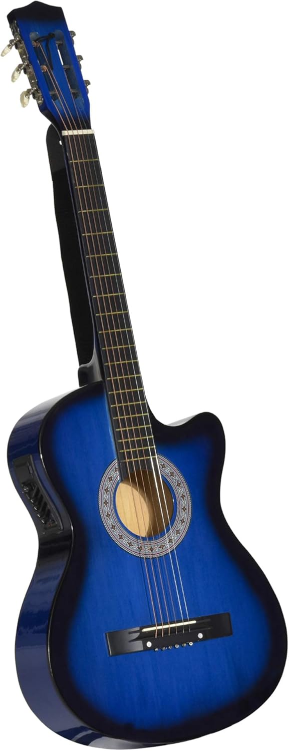 HOMCOM 38 Inch Full Size Blue Classical Acoustic Electric Guitar Kids Guitar and Junior Guitar Premium Gloss Finish w/Case – Blue