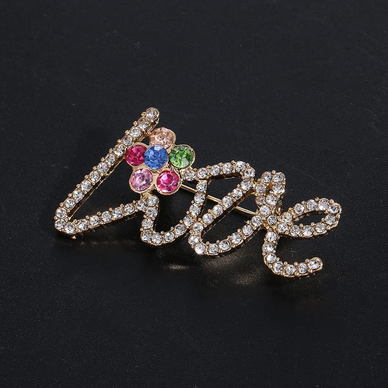 Image of LOVE Rhinestone Brooch Pin for Women Multicolor Crystal Love Flower Heart Brooches Elegant Lapel Pins Stylish Wedding Party Clothes Accessories Valentines Gift