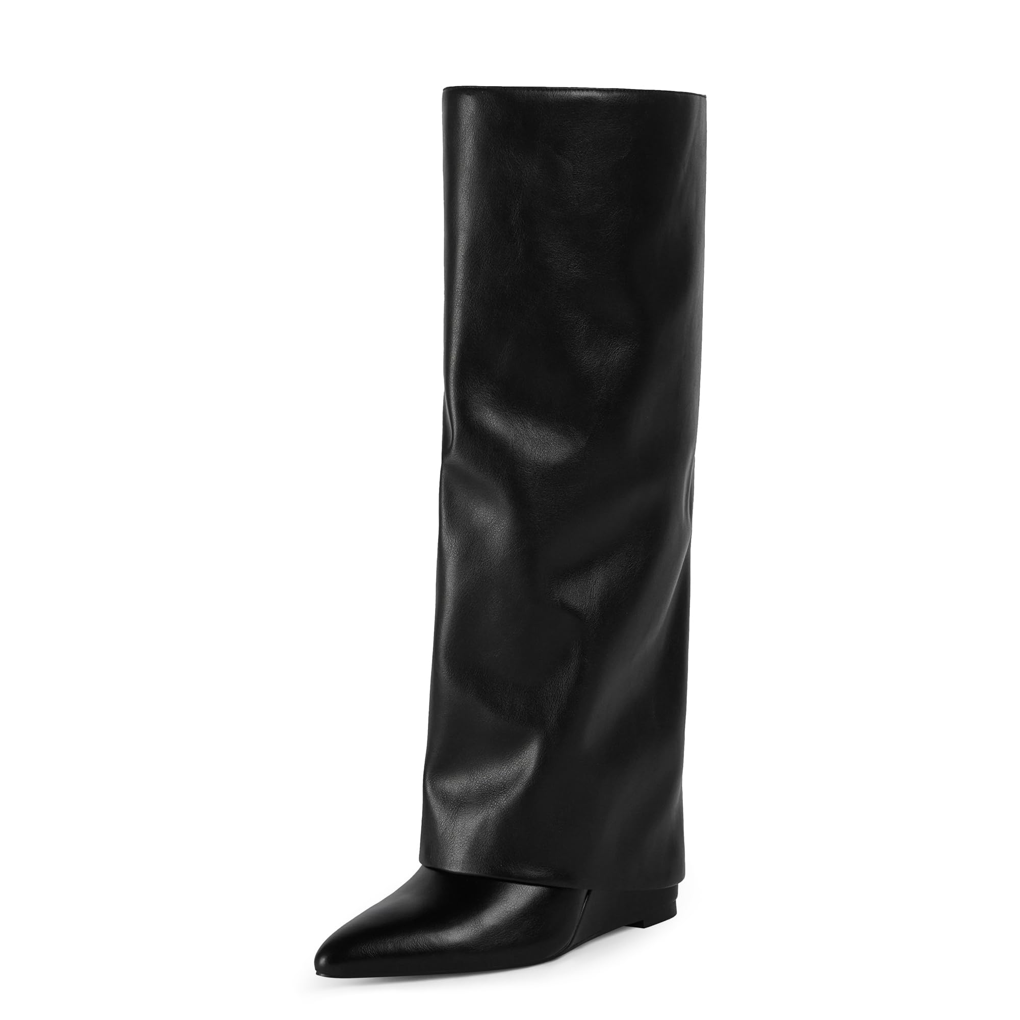 Modatope Knee High Boots Women Fold Over Boots Wedge Heel Slouchy Tall Boots Zipper Pointed Toe Dress Fall