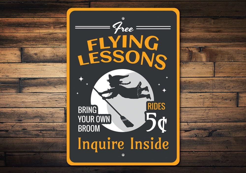 Flying Lessons Sign Witch Broom Rides Fly Here Sign Halloween Sign Halloween Gifts Spooky Decor Metal Signs Metal Decoration Metal Tin Signs Vintage 8x12 Inch