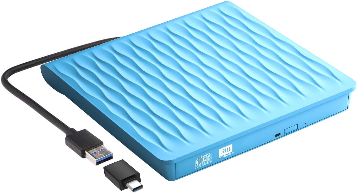 DANGZW External CD Drive USB 3.0, Slim External DVD Drive Recorder Burner Writer Player, ±RW ROM Optical Drive for Laptop, PC, iMac, Macbook Air/Pro, Linux, Mac OS, Windows 11/10/8/7/XP/Vista (Blue)