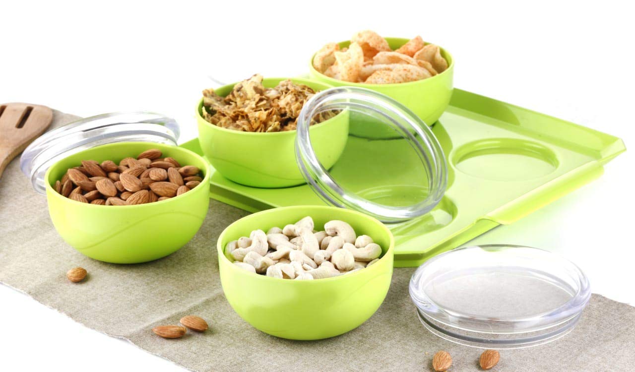 Toxham 4 pc Dry Fruit Serving Bowl Set with Tray, Multipurpose Air Tight Container (Multicolor)