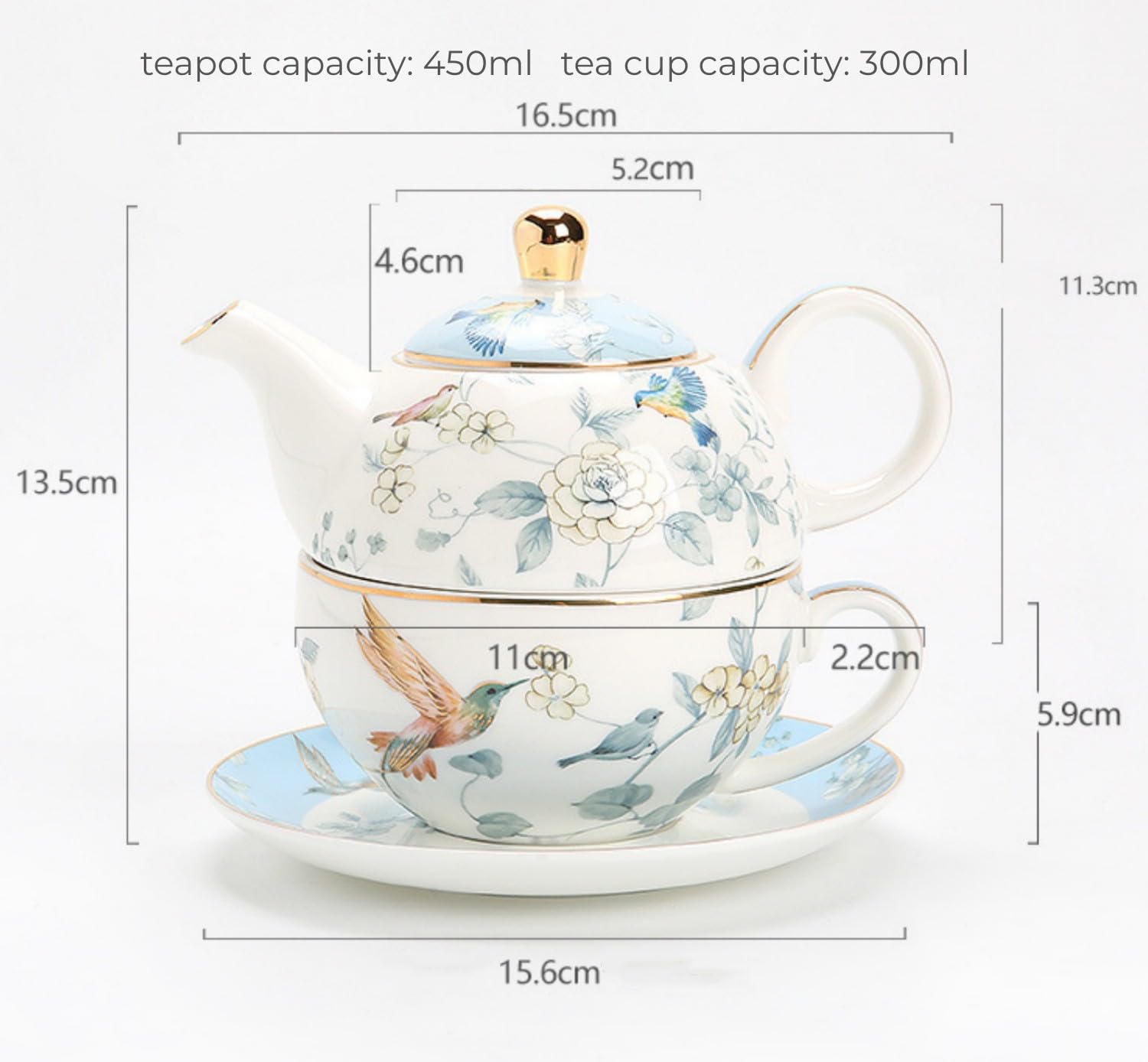 Service à thé pour une personne avec théière et tasse en porcelaine, 450 ml de théière et 300 ml de tasse à thé, cadeaux pour femmes, service à thé de l'après-midi, céramique, lavable au