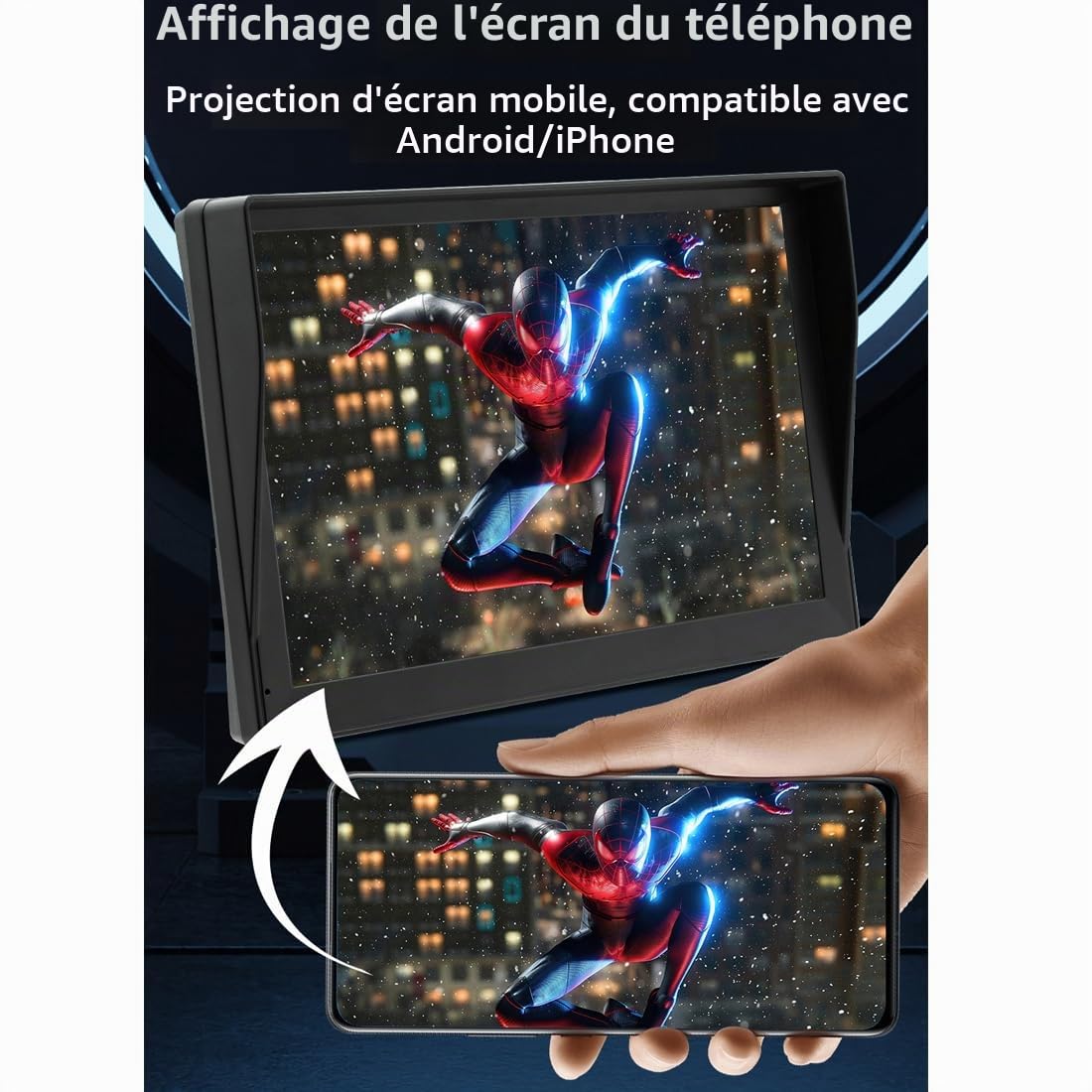 Autoradio portable sans fil CarPlay et Android Auto avec pare-soleil, moniteur à écran tactile 9" Bluetooth Auto stéréo avec caméra de recul, DVR, lien miroir/transmetteur FM/AUX véhicule 12 V-24 V