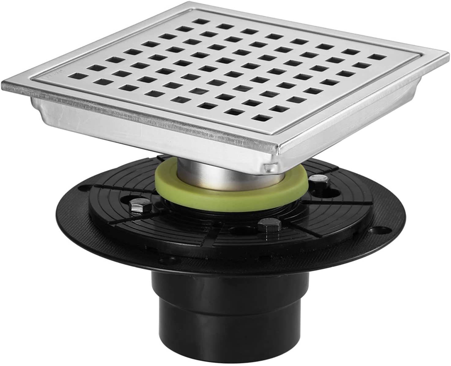 6 Inch Square Shower Floor Drain with Flange Stainless Steel Shower Drain with Removable Cover Grid Grate, Floor Drainer with Hair Strainer for Kitchen Washroom Garage an